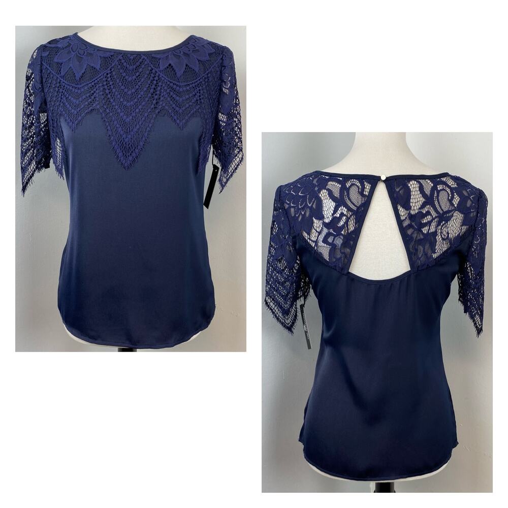 Tart Navy Lace Satin Short Sleeve Open Back Blouse Small Professional Career